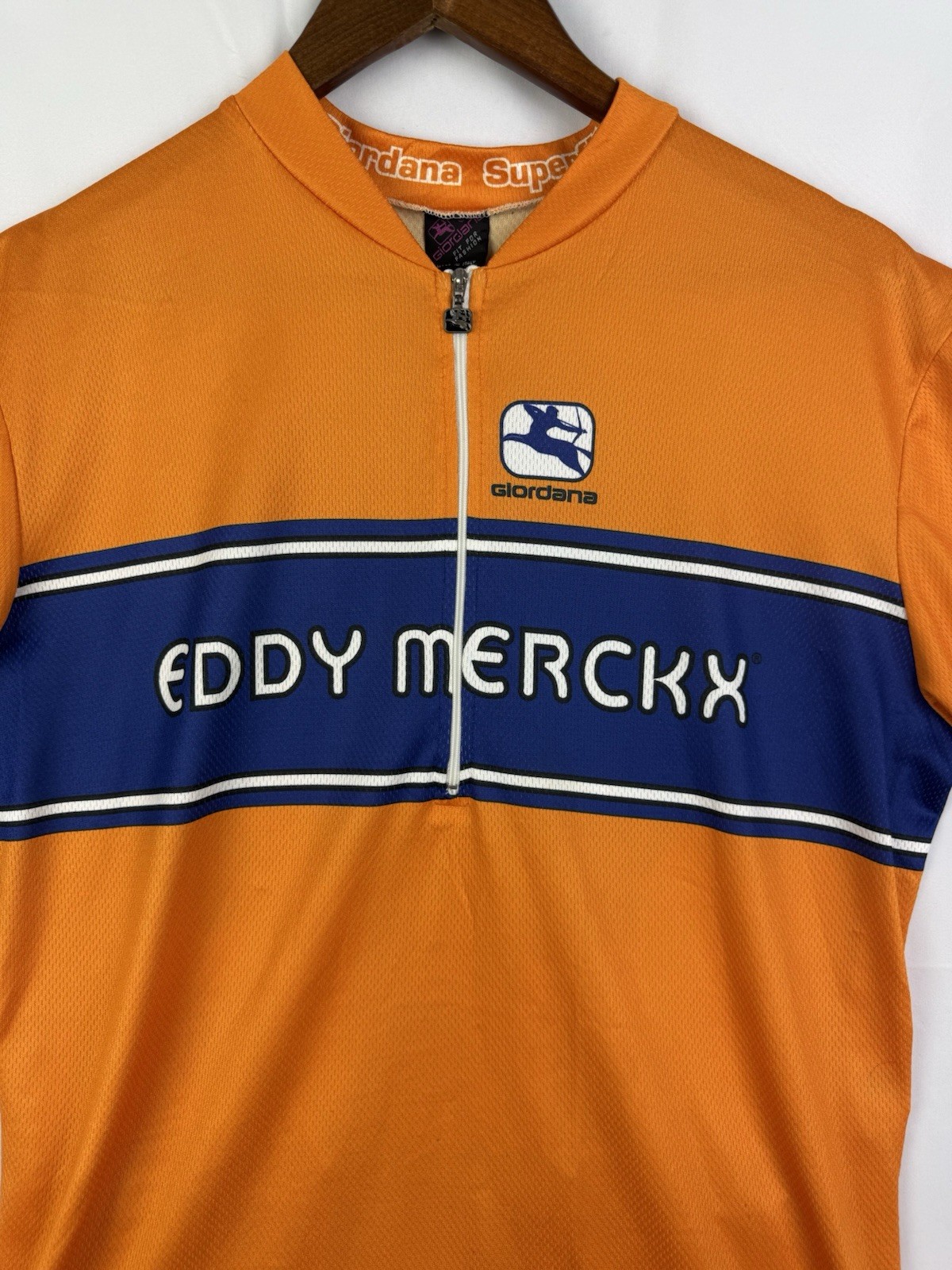 Vtg Giordana Eddy Merckx Cycling Jersey Orange Blue Photo Back Print Italy Sz. L