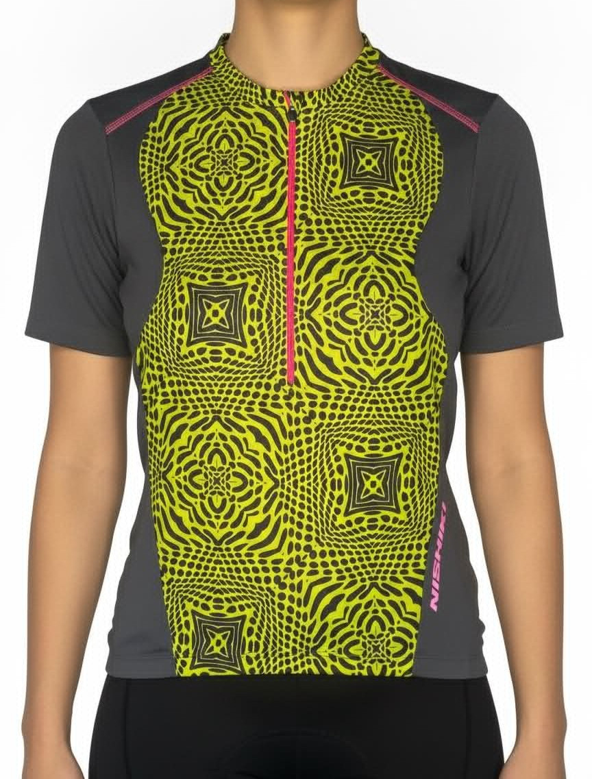 Nishiki Womens Cycling Jersey Size Large 1/2 Zip Neon Green Black Geometric Bike