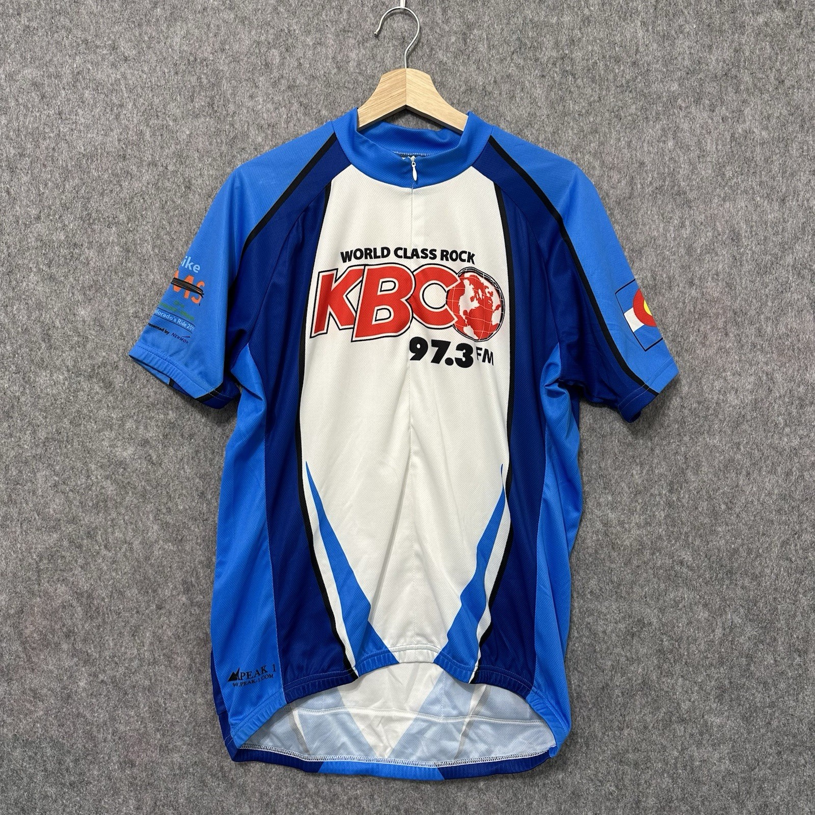 Peak 1 KBCO 97.3 FM Cycling Jersey Blue White Short Sleeve Unisex XL