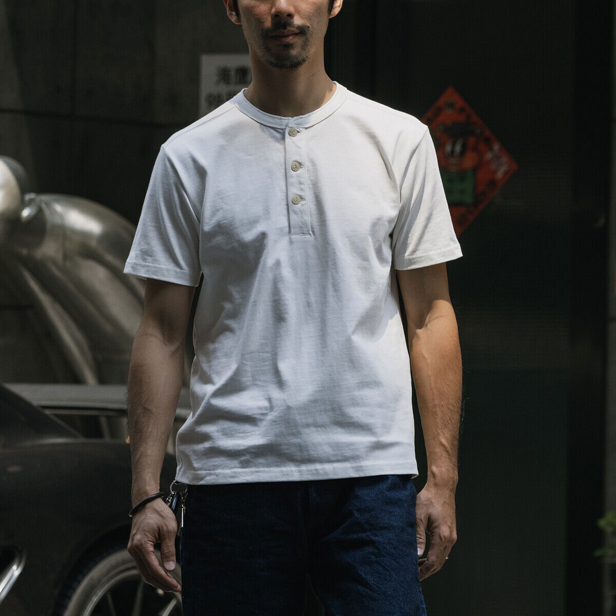 Bronson Henley T-Shirt Men Heavyweight Cotton T-Shirts Short Sleeve Basic Tee