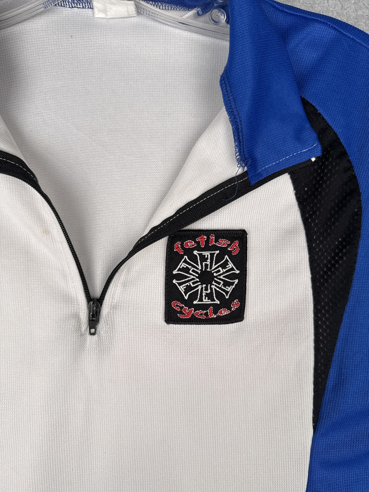 Fetish Cycles Cycling Jersey Mens Medium White Blue Black Zip Pockets Shirt Poly