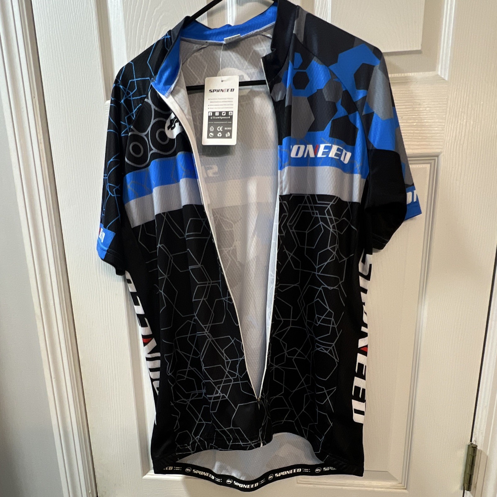 SPONEED Men’s Cycling Jersey 2XL Black/Blue/Gray Short Sleeve Full Zip Pockets