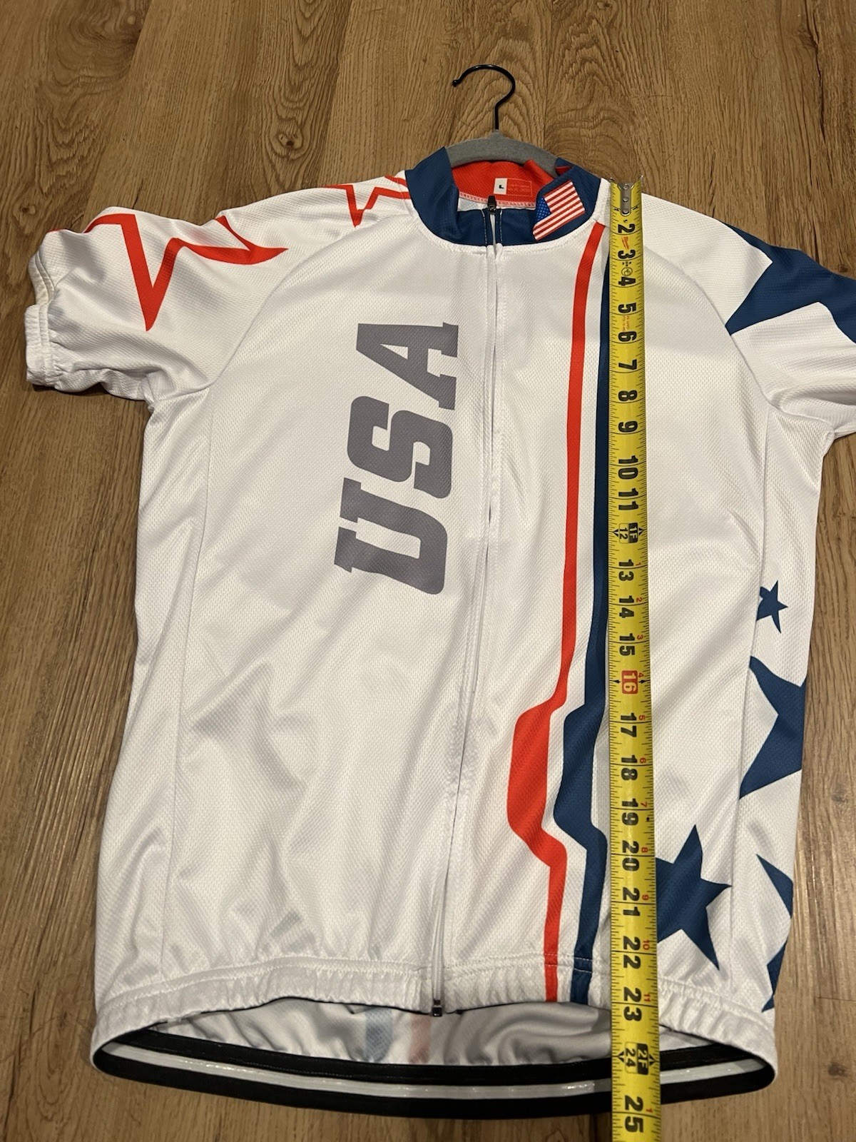 USA Cycling Jersey Men’s Large Red White Blue Stars Stripes Full Zip Bike Shirt
