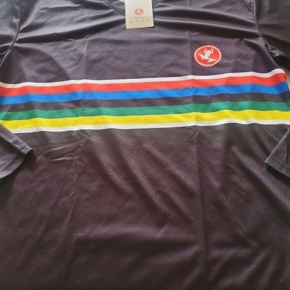 Ugly Frog Cycling Long Sleeve Vneck Black Rainbow Stripes Sz. L Jersey