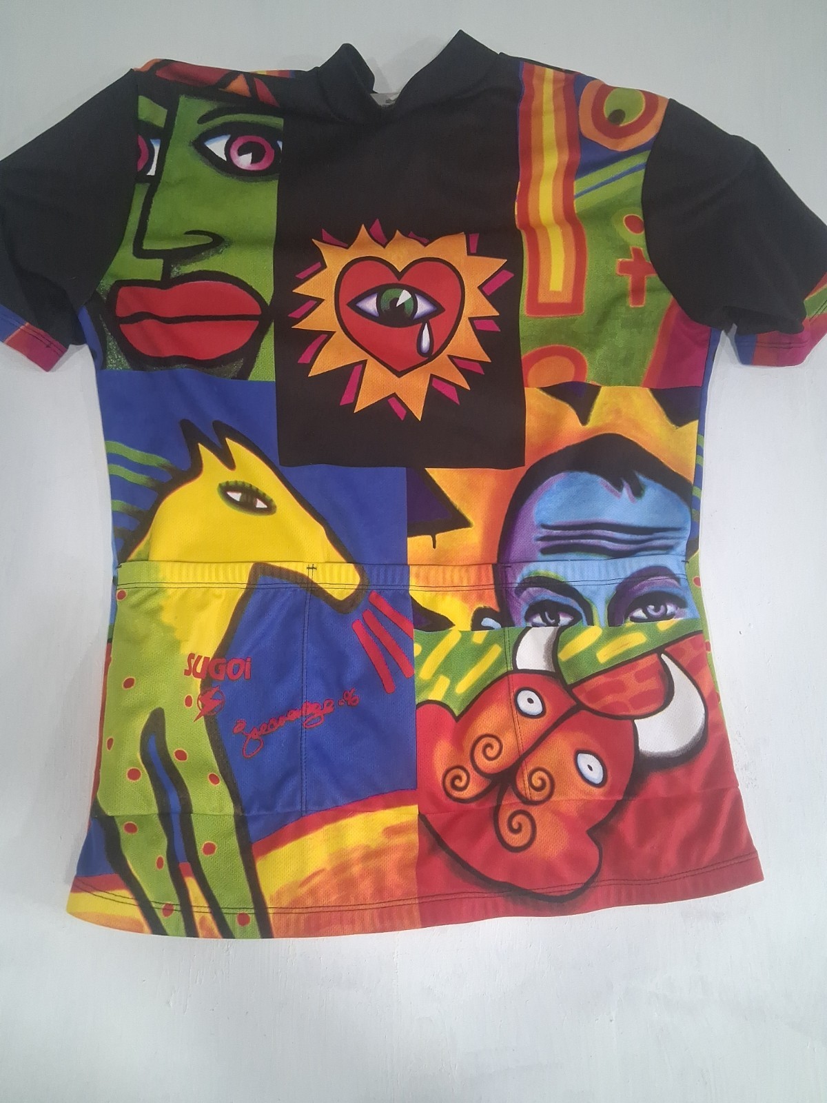 Vtg Womens Sugoi Biking Jersey Joe Average Picasso Bold Colorful L/XL Graphic