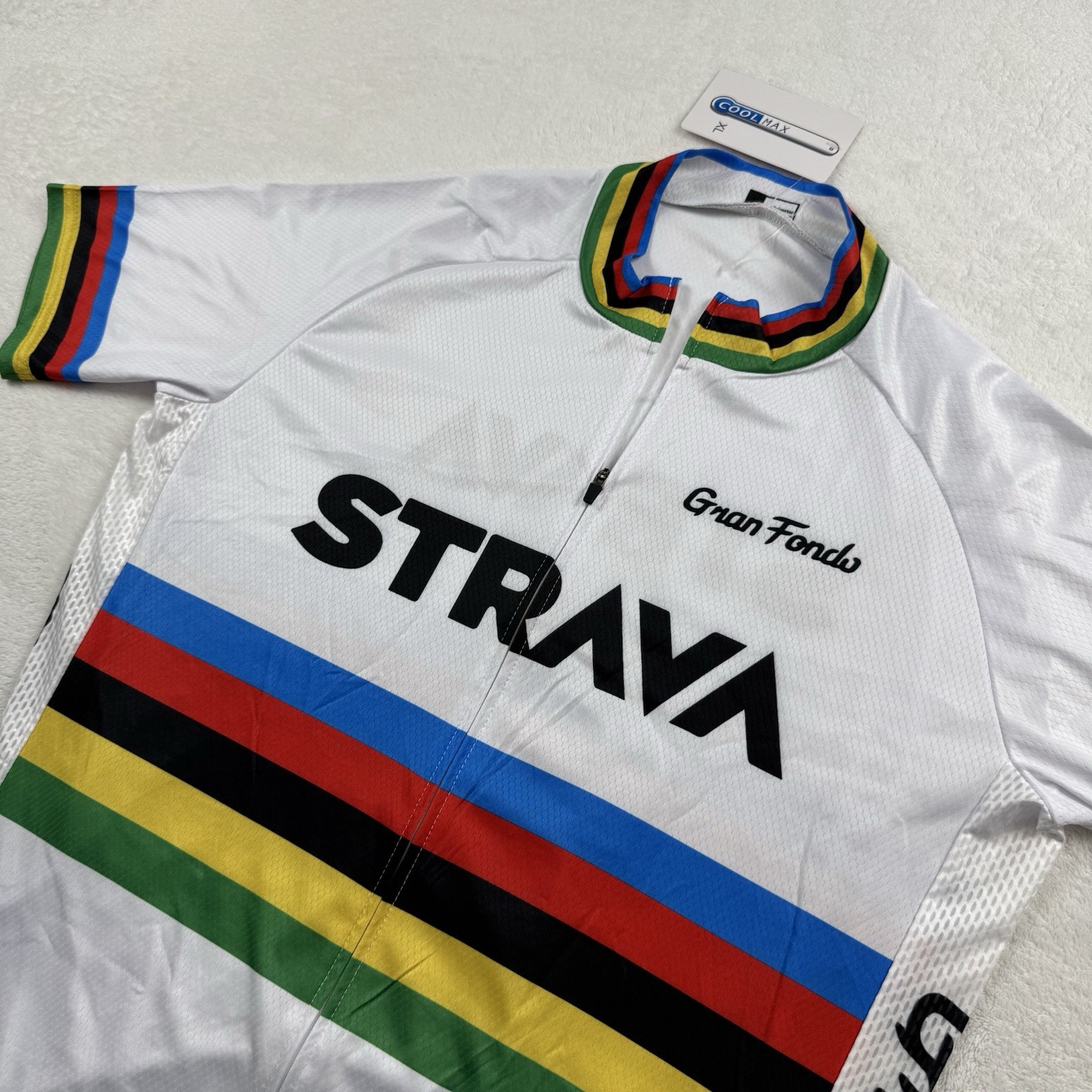 Strava Gran Fondo Cycling Jersey Shirt XL White Patch World Champion Stripes