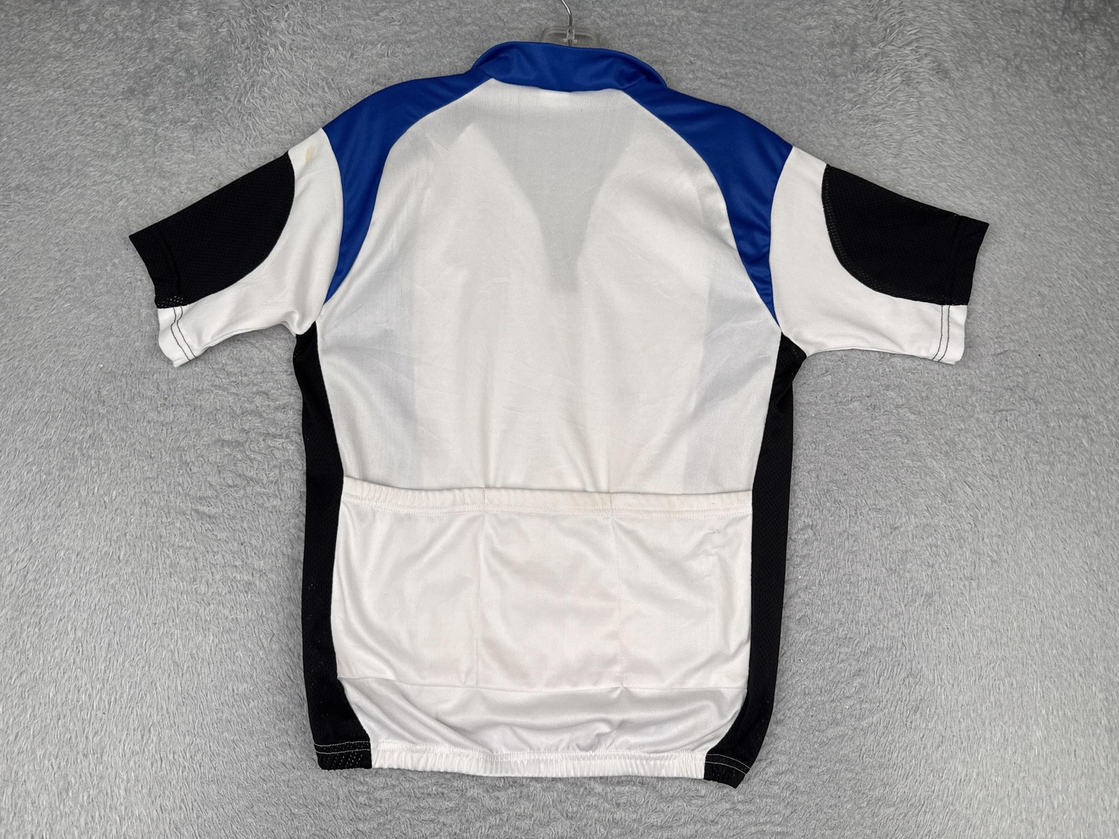 Fetish Cycles Cycling Jersey Mens Medium White Blue Black Zip Pockets Shirt Poly