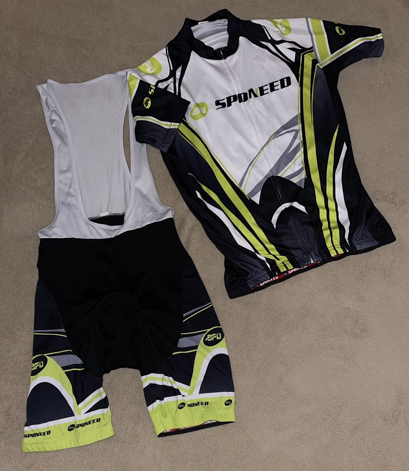 Cycling 2 Pc Set Bib Padded Shorts & Zip Jersey Black Green Sponeed Sz XL/XXL