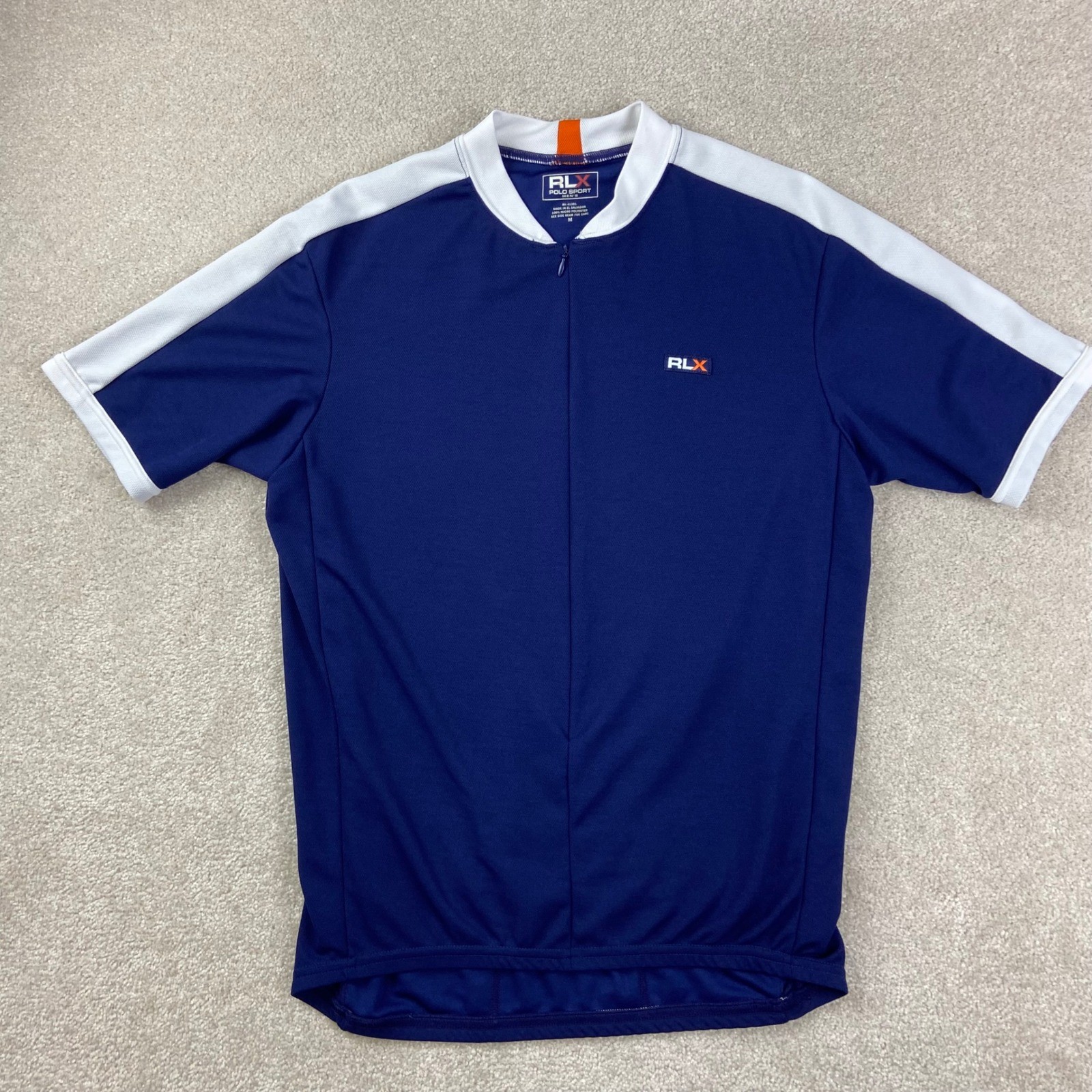 RLX Polo Sport Cycling Jersey Mens Medium Blue White Quarter Zip Bike Shirt