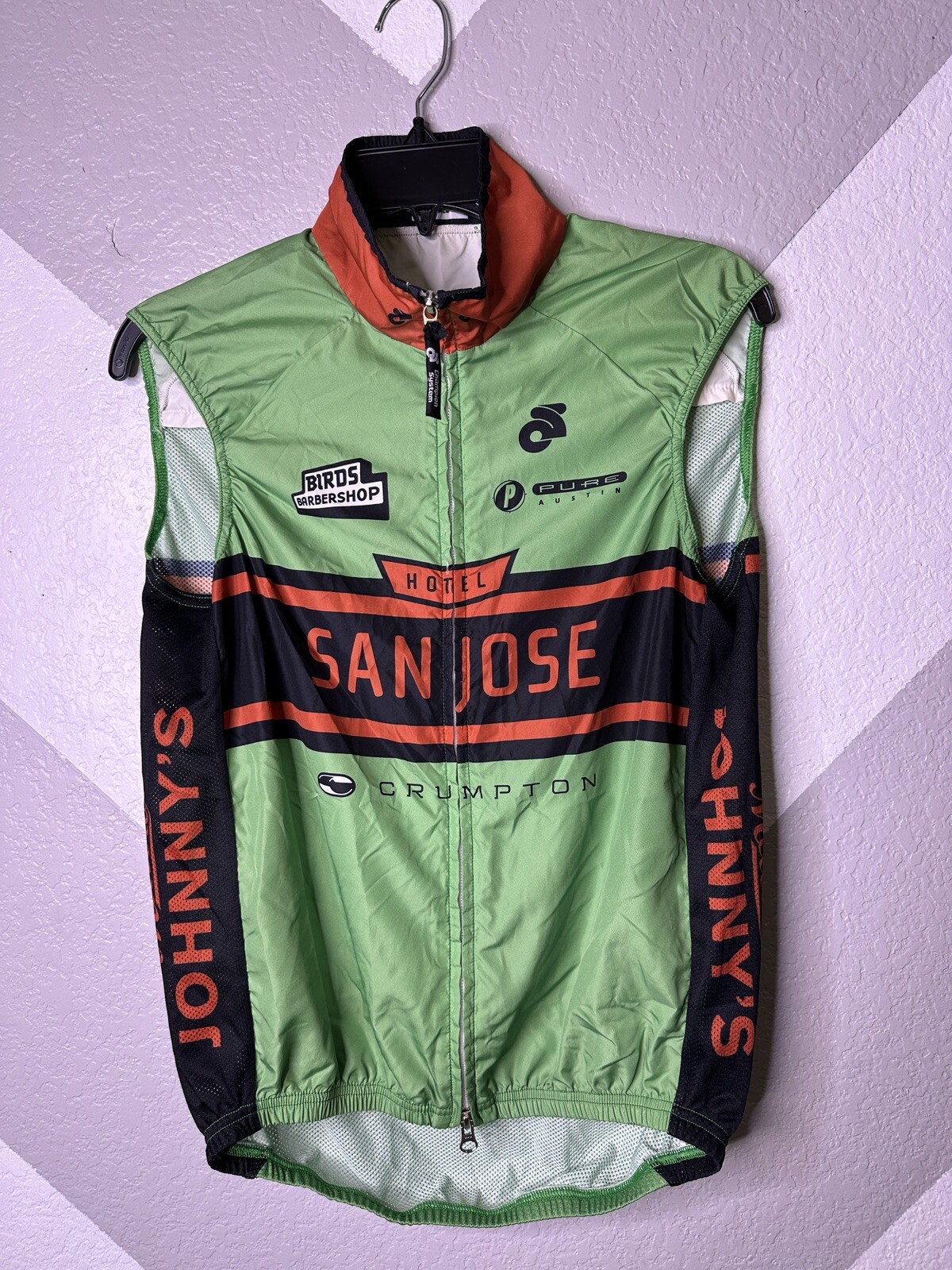 San Jose Cycling Light Vest Jersey Green Orange Full Zip Lightweight Mens Small