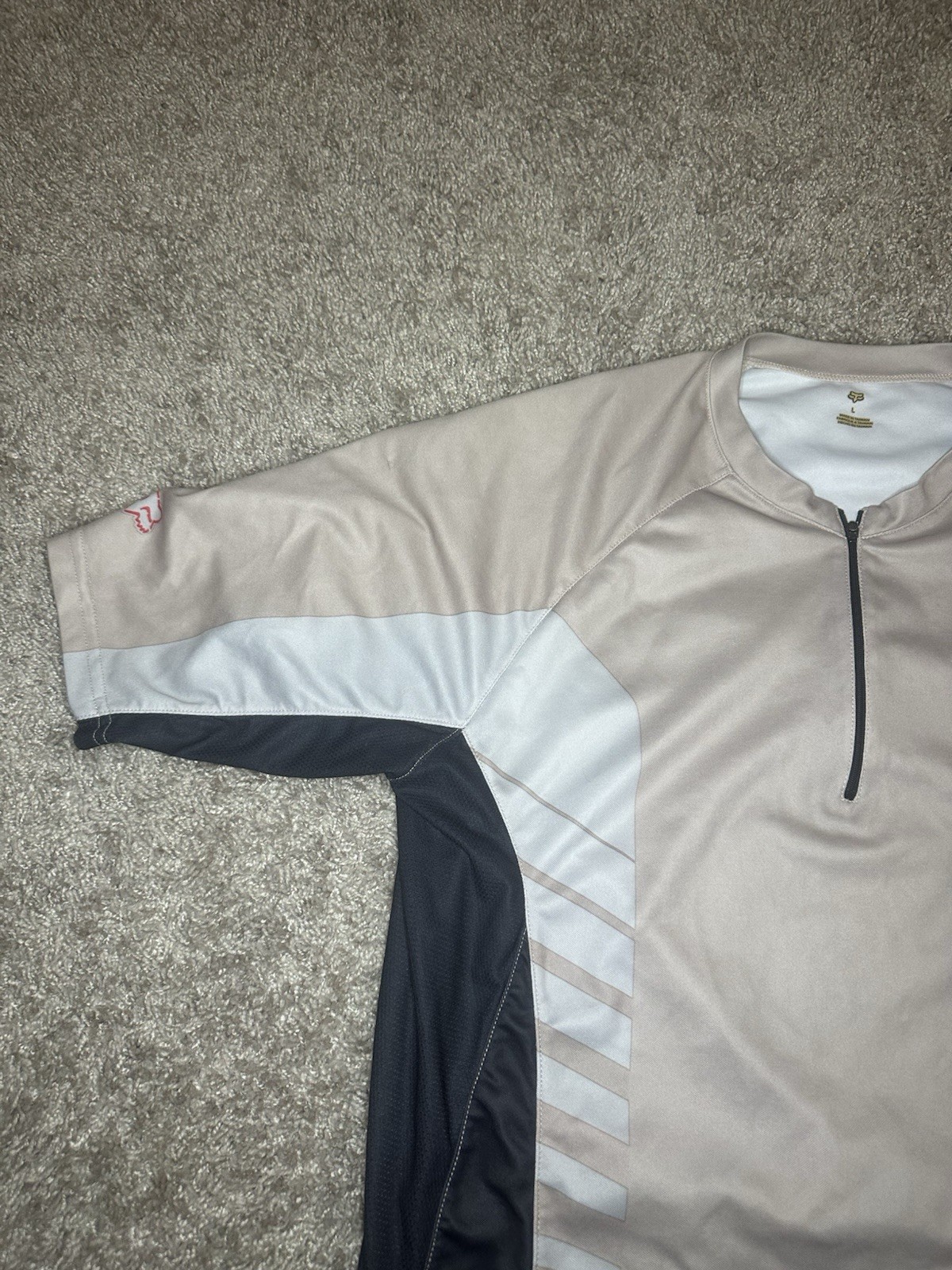 Vintage Fox Racing Cycling Jersey Mens L Tan Grey White 1/4 Zip Rear Pocket
