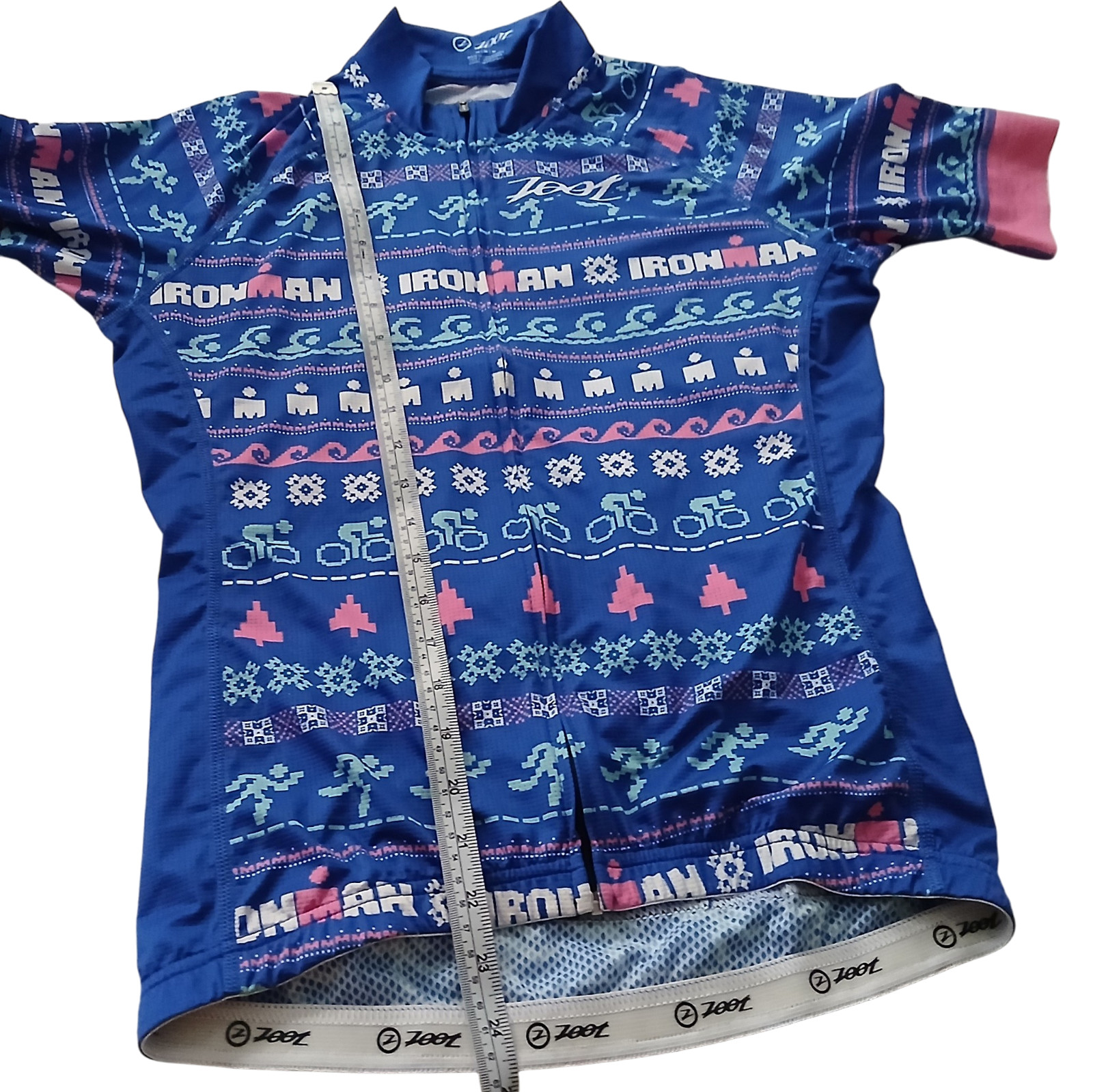 Zoot Ironman Cycling Jersey Womens Medium Holiday Short Sleeve Full Zip Web Mesh