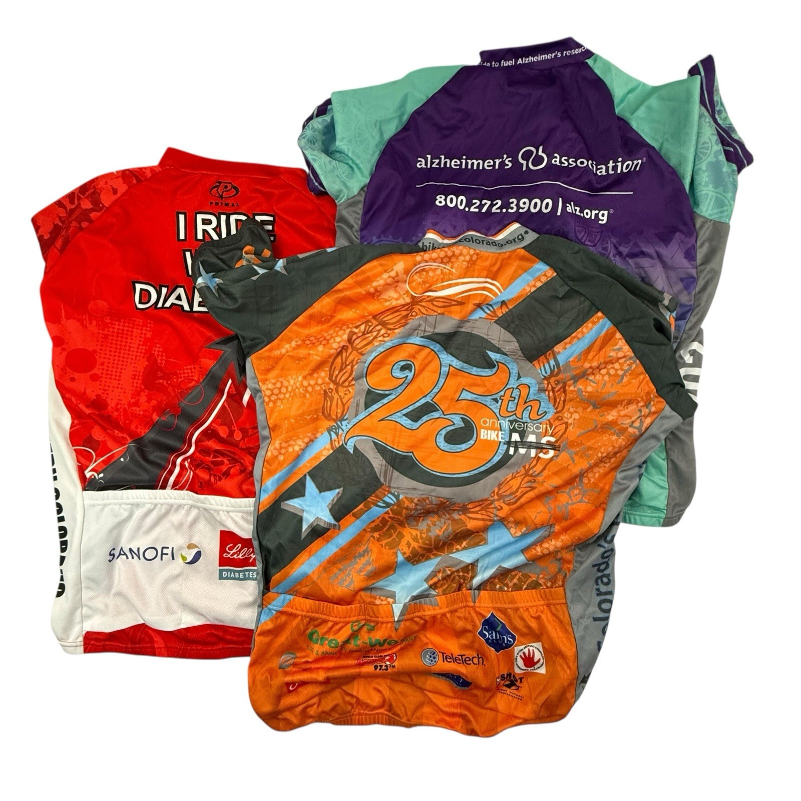 Lot Of 3 Primal Cycling Jerseys Men Size XL Peak 1 ALZ MS Diabetes Short Sleeve
