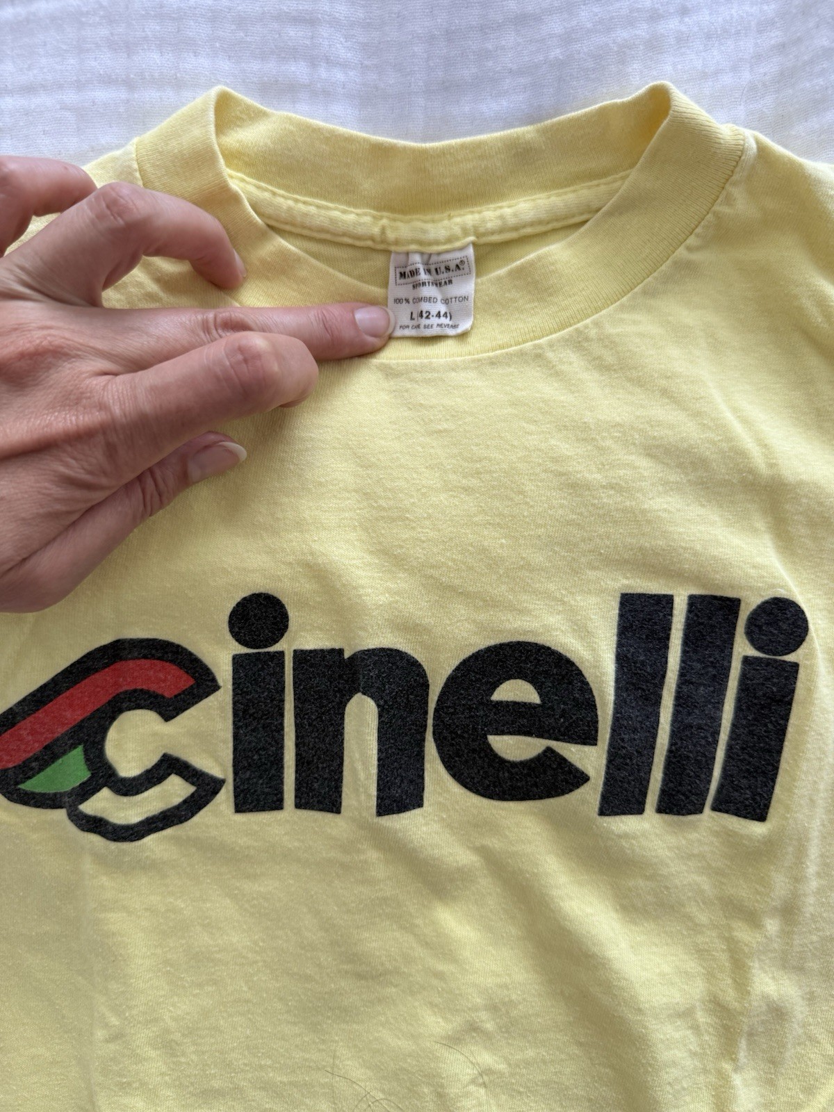VTG Cinelli Yellow Cycling T-Shirt Logo Rear Pockets Crew Neck 100% Cotton L