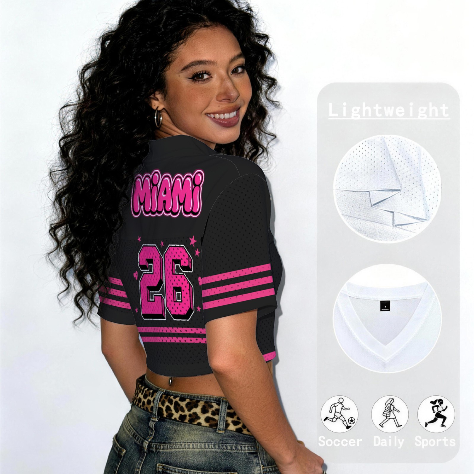 Ladies Y2K Crop Top Football Shirt Black Pink V Neck No 26
