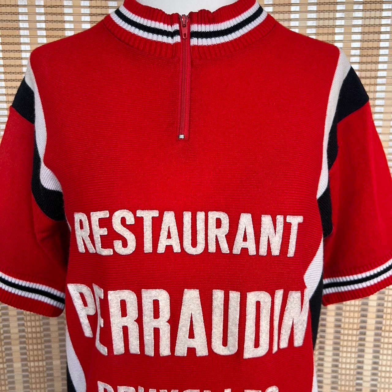 Vintage 1970s red, black and white cycling jersey with half zip