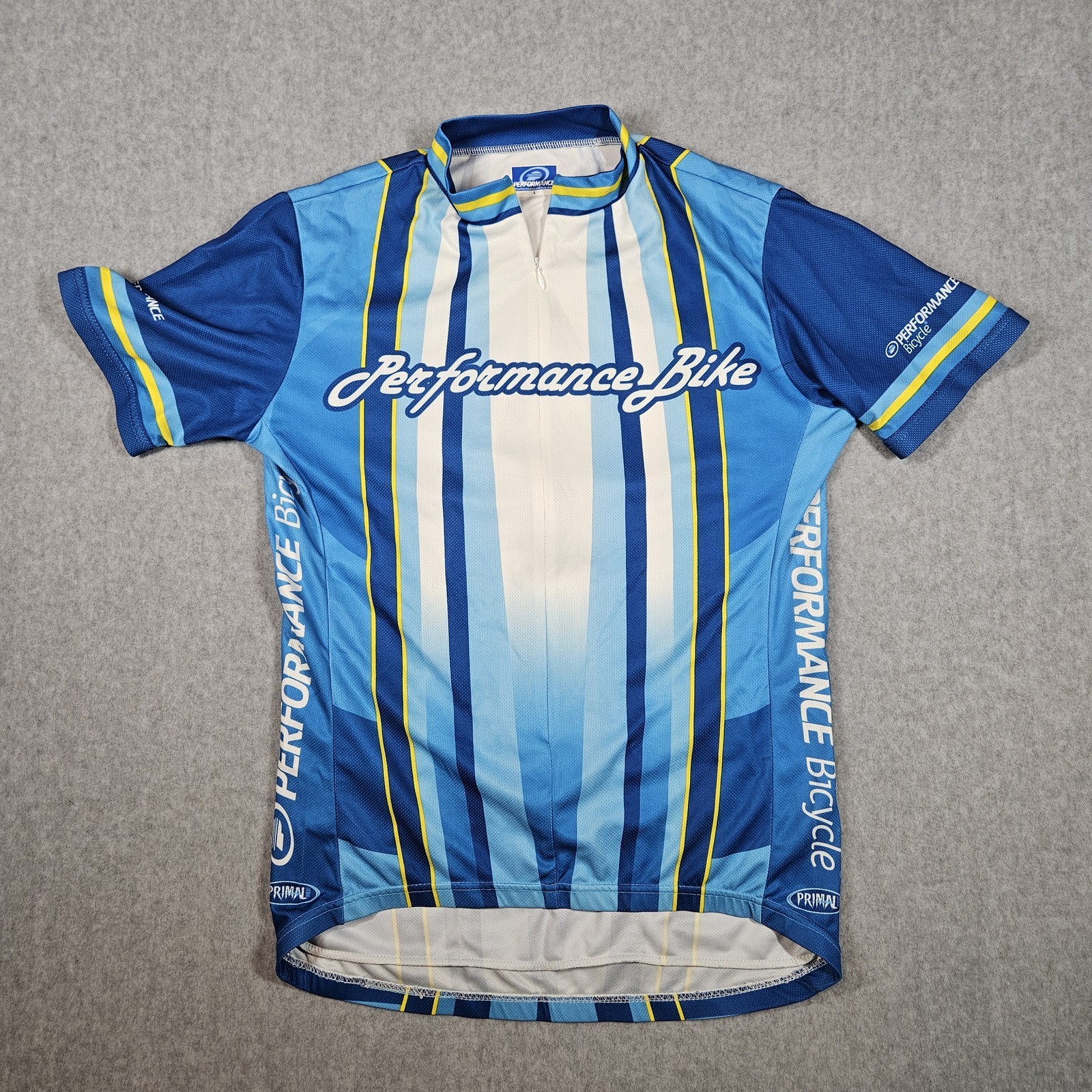 Performance Bike Primal Cycling Jersey Men’s Large Blue White Yellow Striped