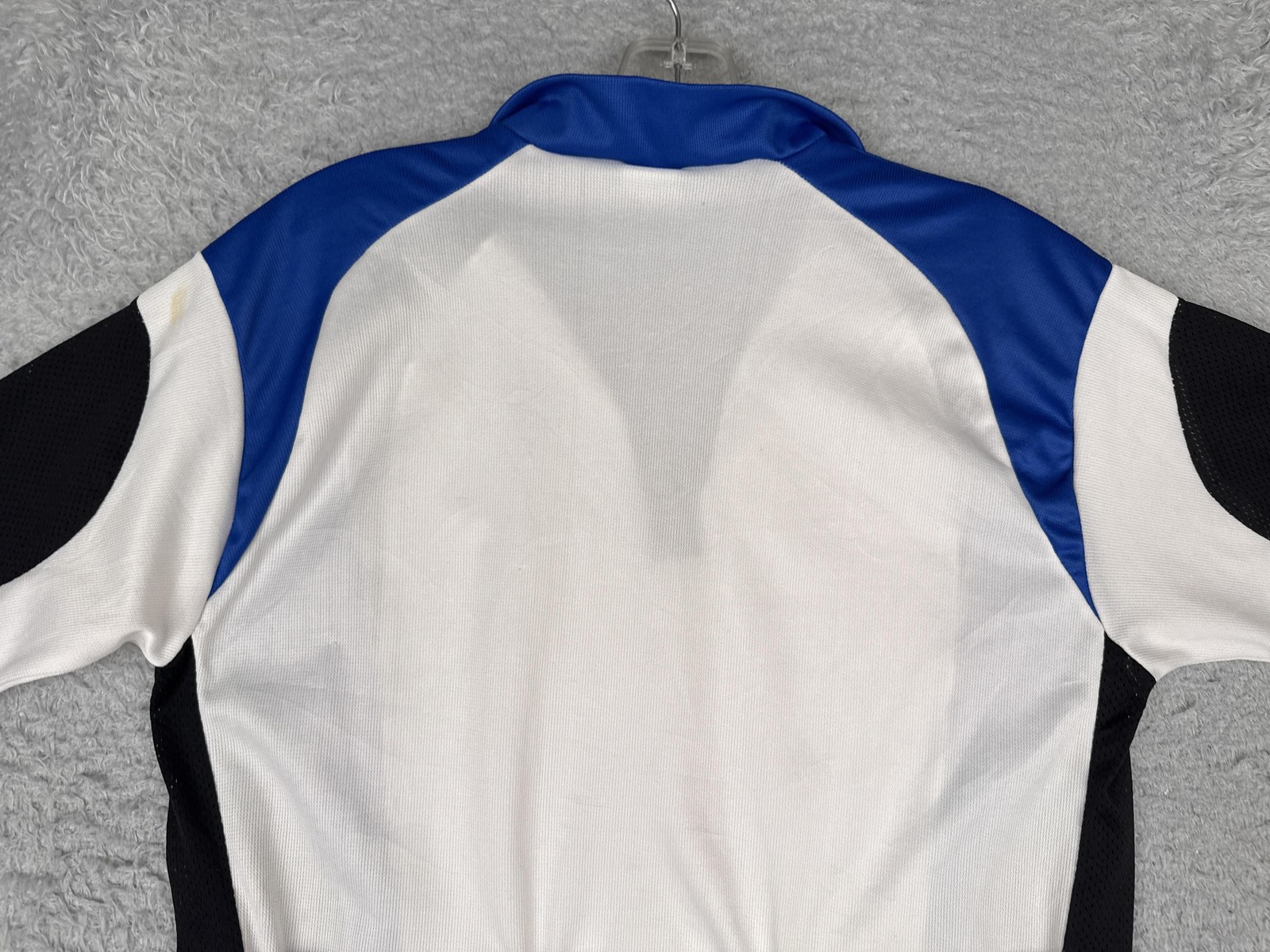 Fetish Cycles Cycling Jersey Mens Medium White Blue Black Zip Pockets Shirt Poly