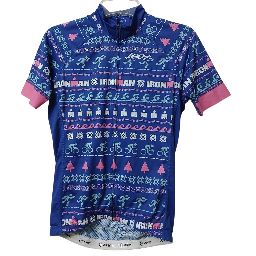Zoot Ironman Cycling Jersey Womens Medium Holiday Short Sleeve Full Zip Web Mesh