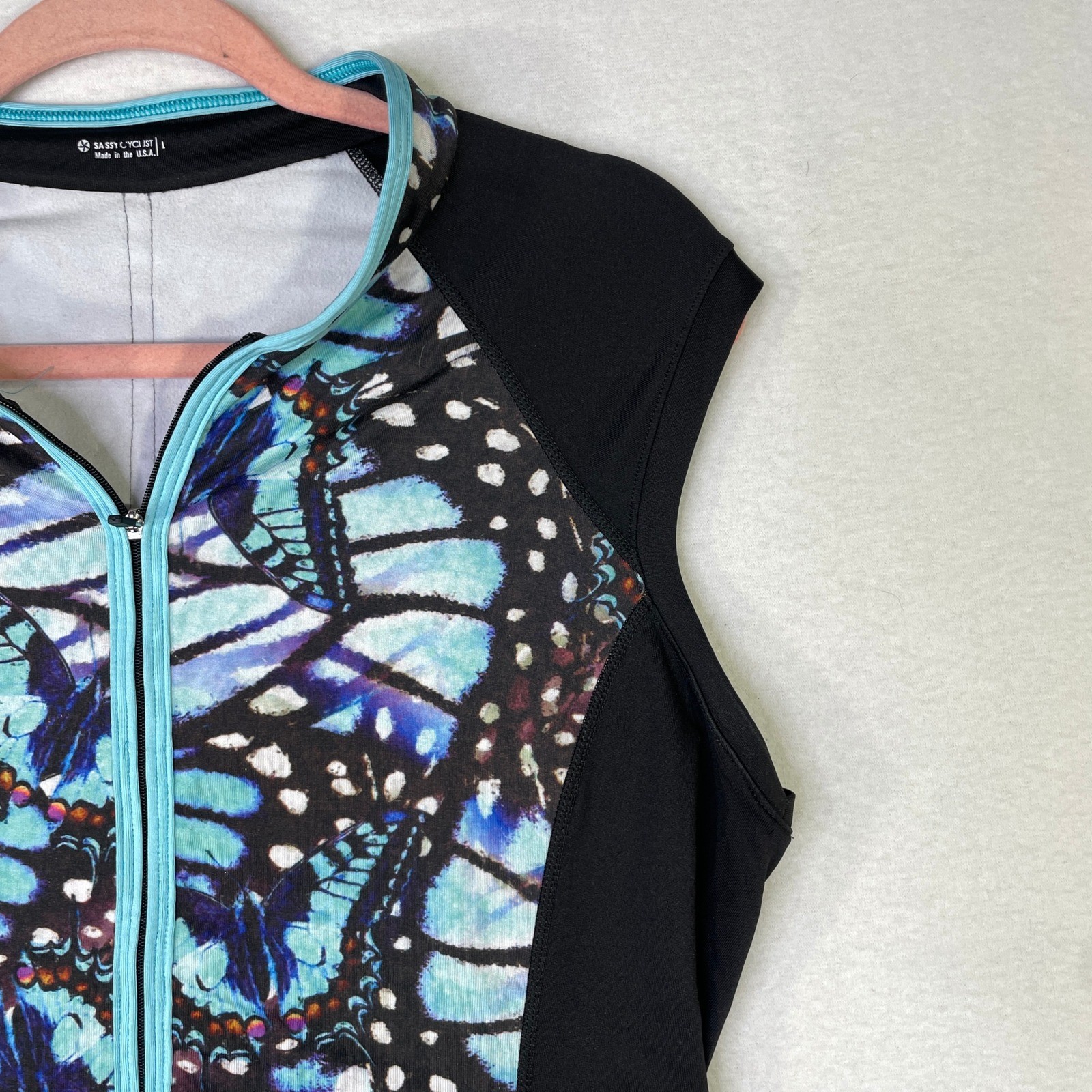 Sassy Cyclist Womens Sleeveless Cycling Jersey Blue Butterfly Print Full Zip L