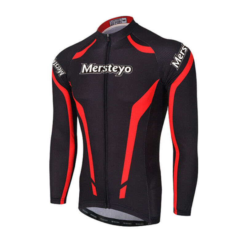 Mens Fleece Cycling Jersey Long MTB Bike Shirt Top with Rear Pockets Full Zipper
