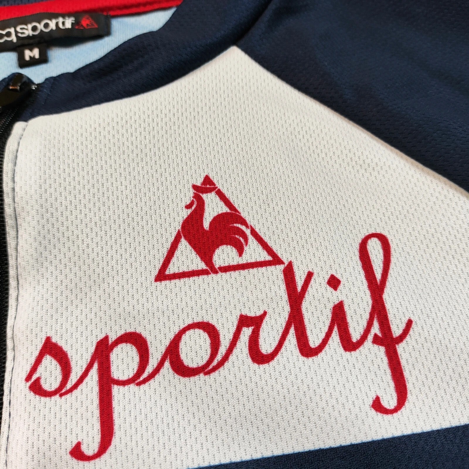 Le Coq Sportif Cycle Line Shirt Adult Medium Blue 1/4 Zip Stretch Back Pocket *