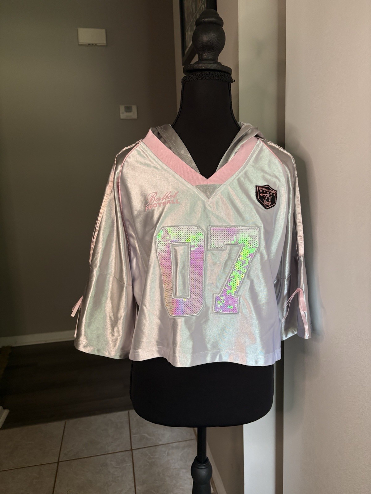 Akira Coquette Football Ballet Cropped Sequined Jersey W Pink Trim & Bow
