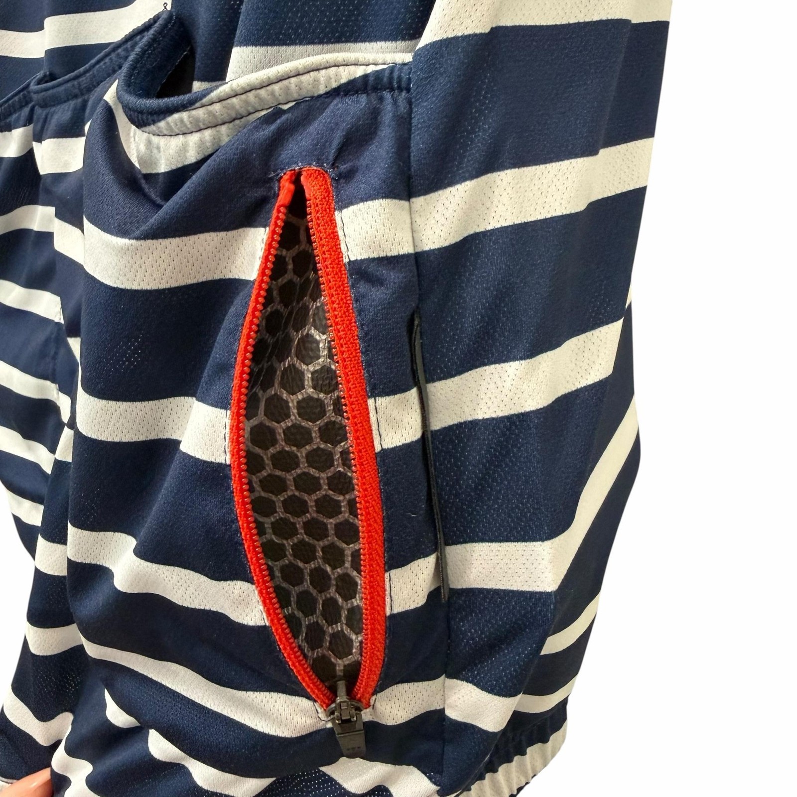 Velocio Cycling Jersey Mens Large Blue Navy White Breton Stripe Full Zip Pockets