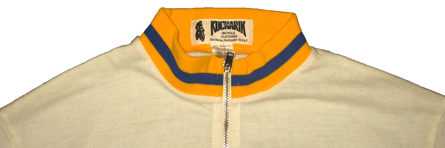 LN VtG 80s KUCHARICK Cycling Long Jersey White/Gold Wool Blend Back Pockets S-M