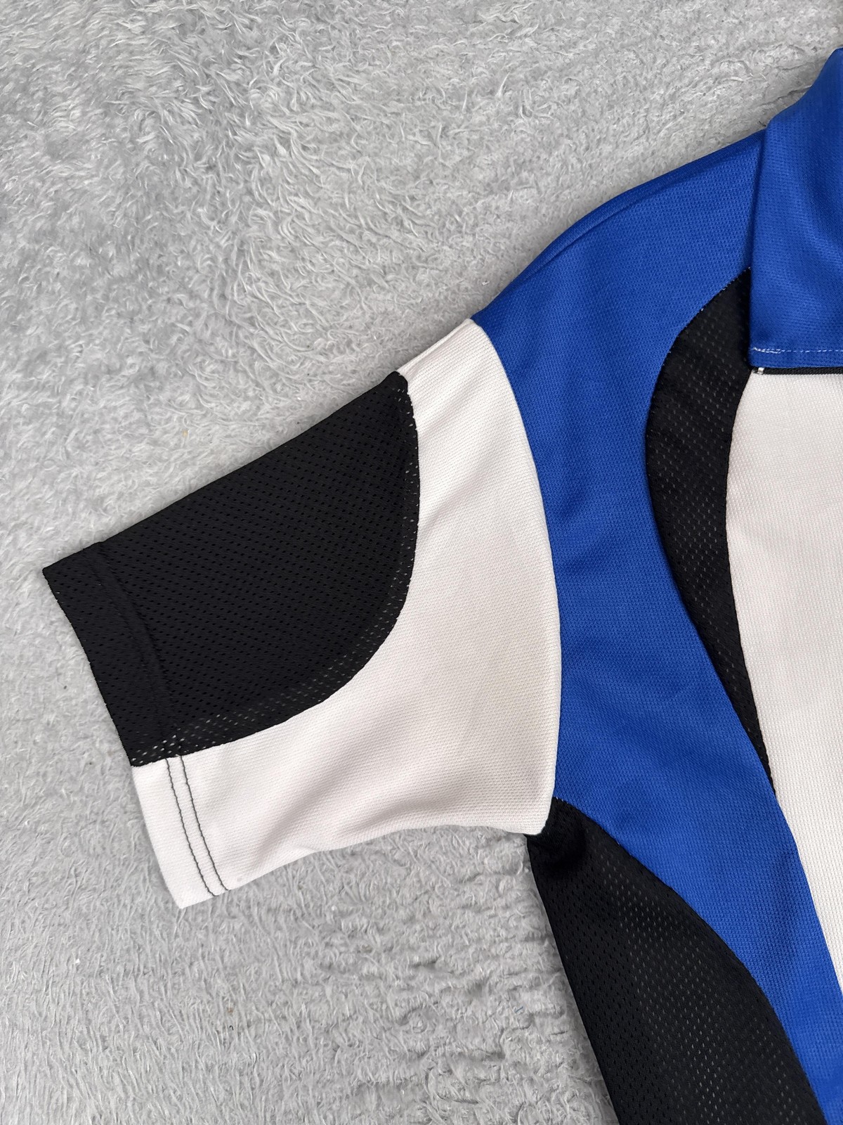 Fetish Cycles Cycling Jersey Mens Medium White Blue Black Zip Pockets Shirt Poly