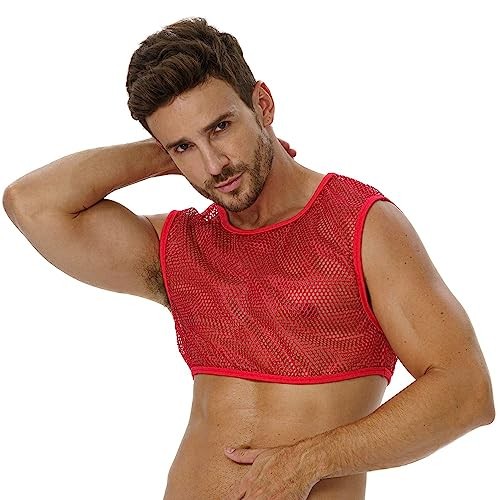 Mens Mesh Crop Top, Fishnet Tank Top Sleeveless Half Pride Shirt Medium Red