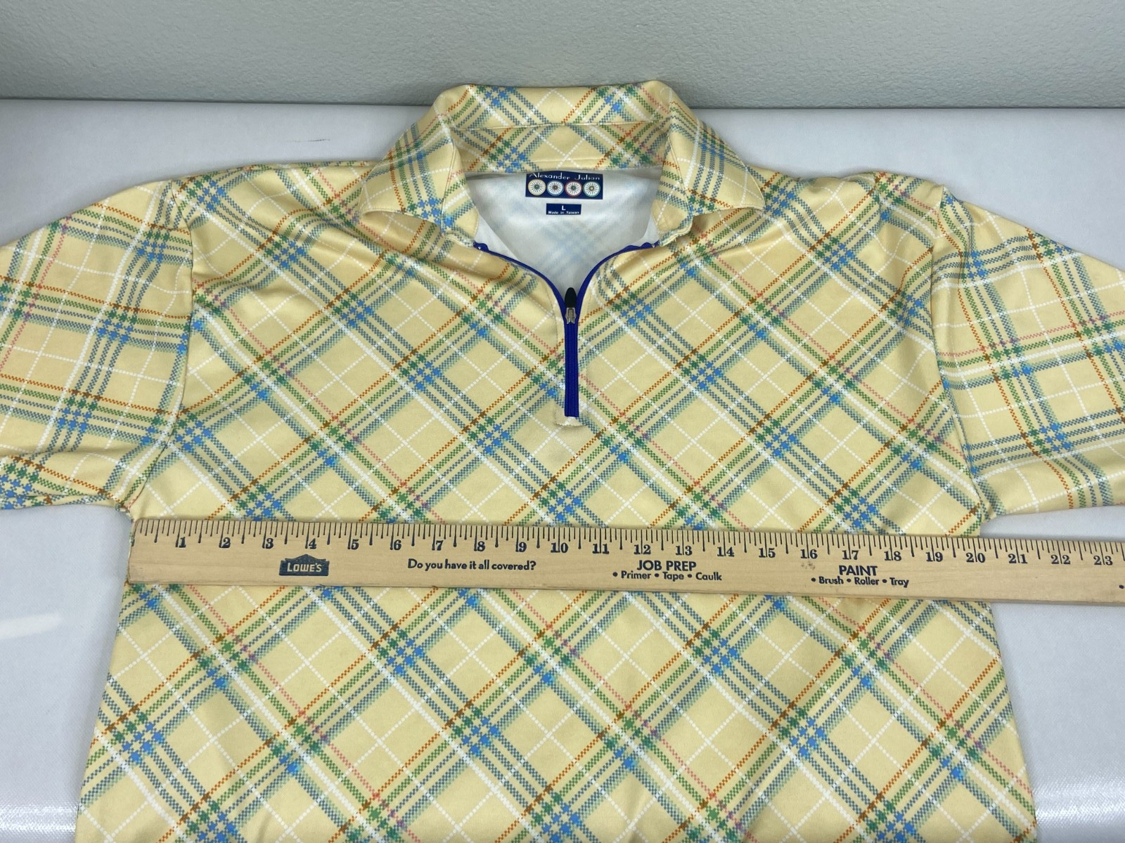 Alexander Julian Men Large Yellow Plaid Cycling Shirt 1/4 Zip Back Pockets