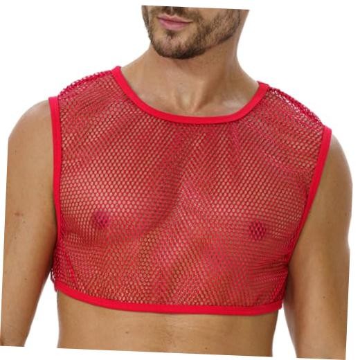 Mens Mesh Crop Top, Fishnet Tank Top Sleeveless Half Pride Shirt Medium Red