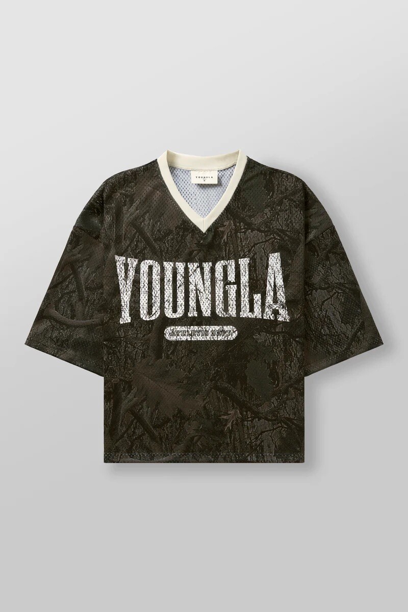 YOUNGLA (SOLD OUT) – 4187 – VARSITY CAMO CROPPED JERSEY – DARK TREE -SIZE SMALL
