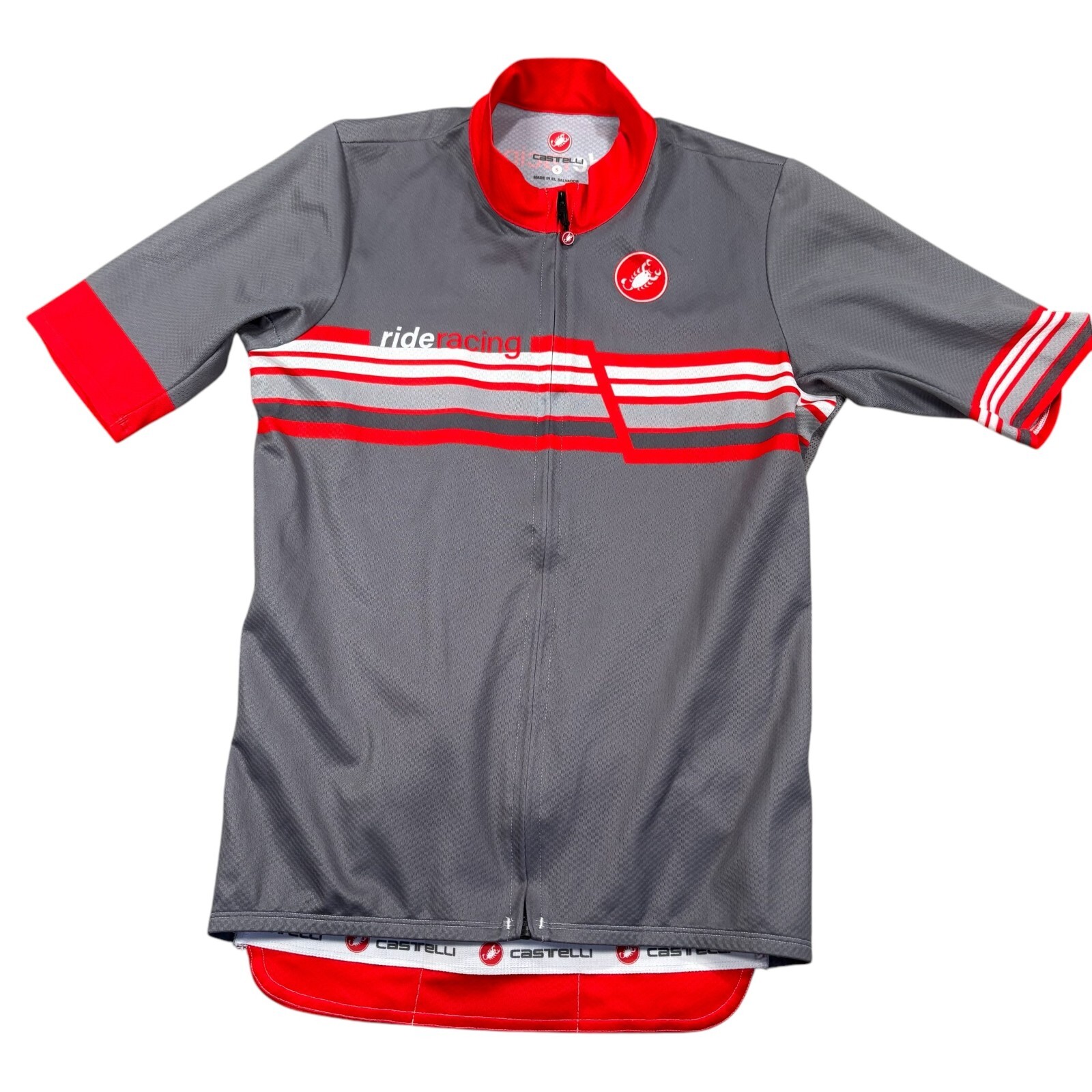 Castelli Men’s Gray Ride Racing Full Zip Mock Neck Back Pocket Jersey Size Small