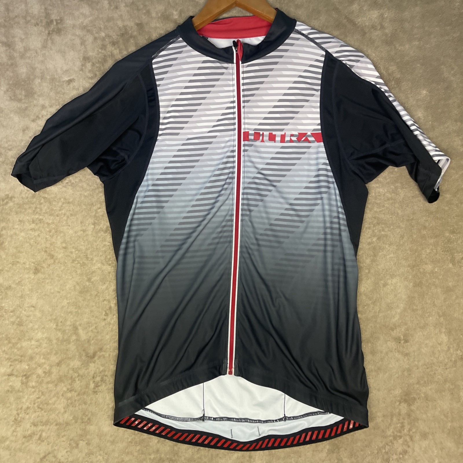 Ultra Performance Bicycle Men’s Sz L Cycling Jersey Striped Black Gray Red