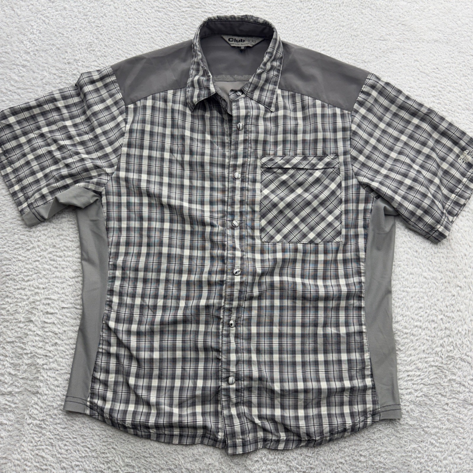 Club Ride Mens Gray Plaid Short Sleeve MTB Cycling Shirt Hidden Zip Snap Small
