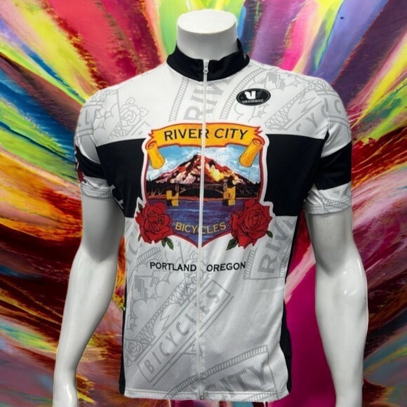 River City Bicycles Portland Oregon White Multi-Color Graphic Cycling Jersey