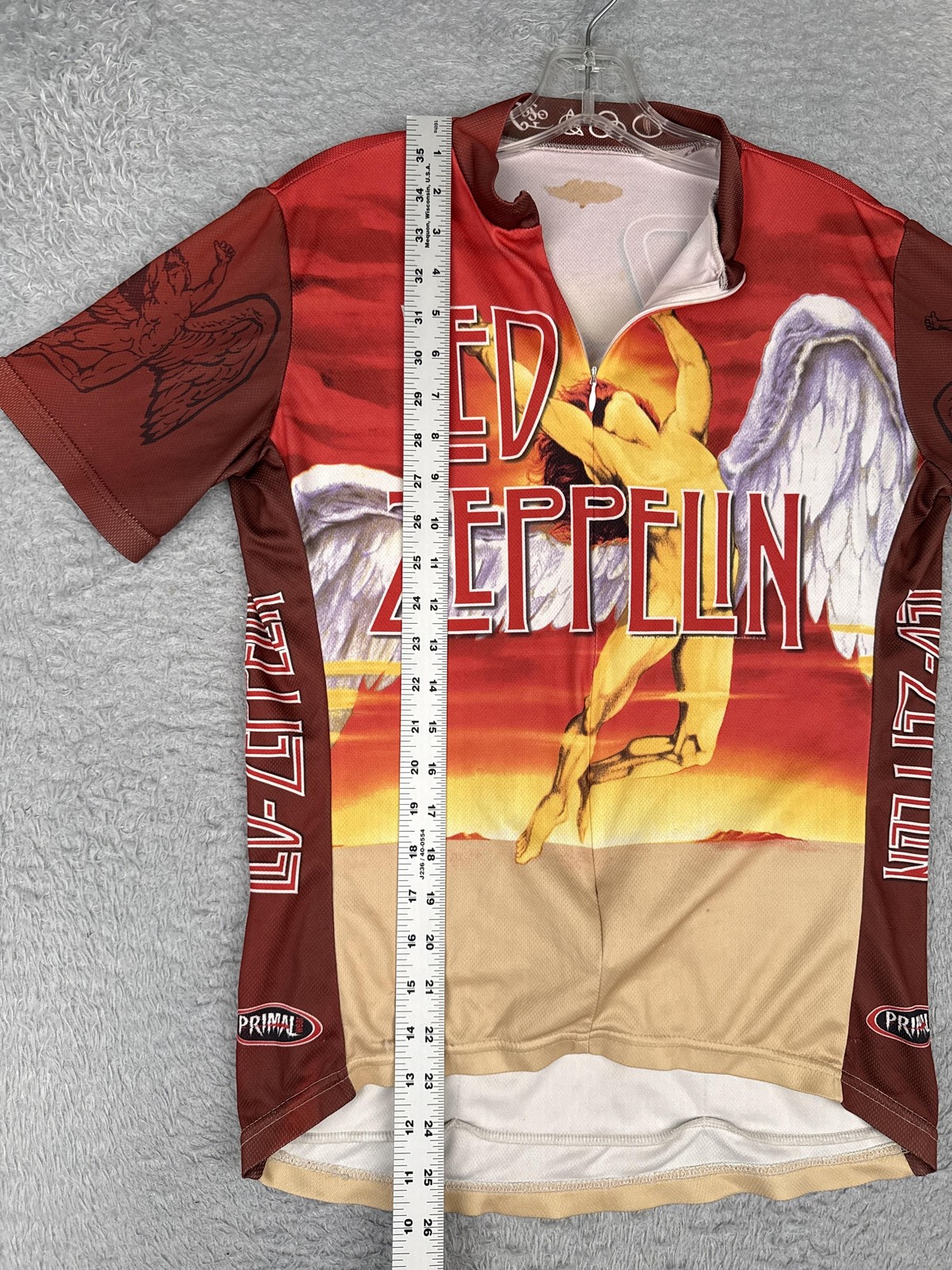 VINTAGE Primal Wear Led Zeppelin Cycling Jersey Mens Small Red Orange Half Zip
