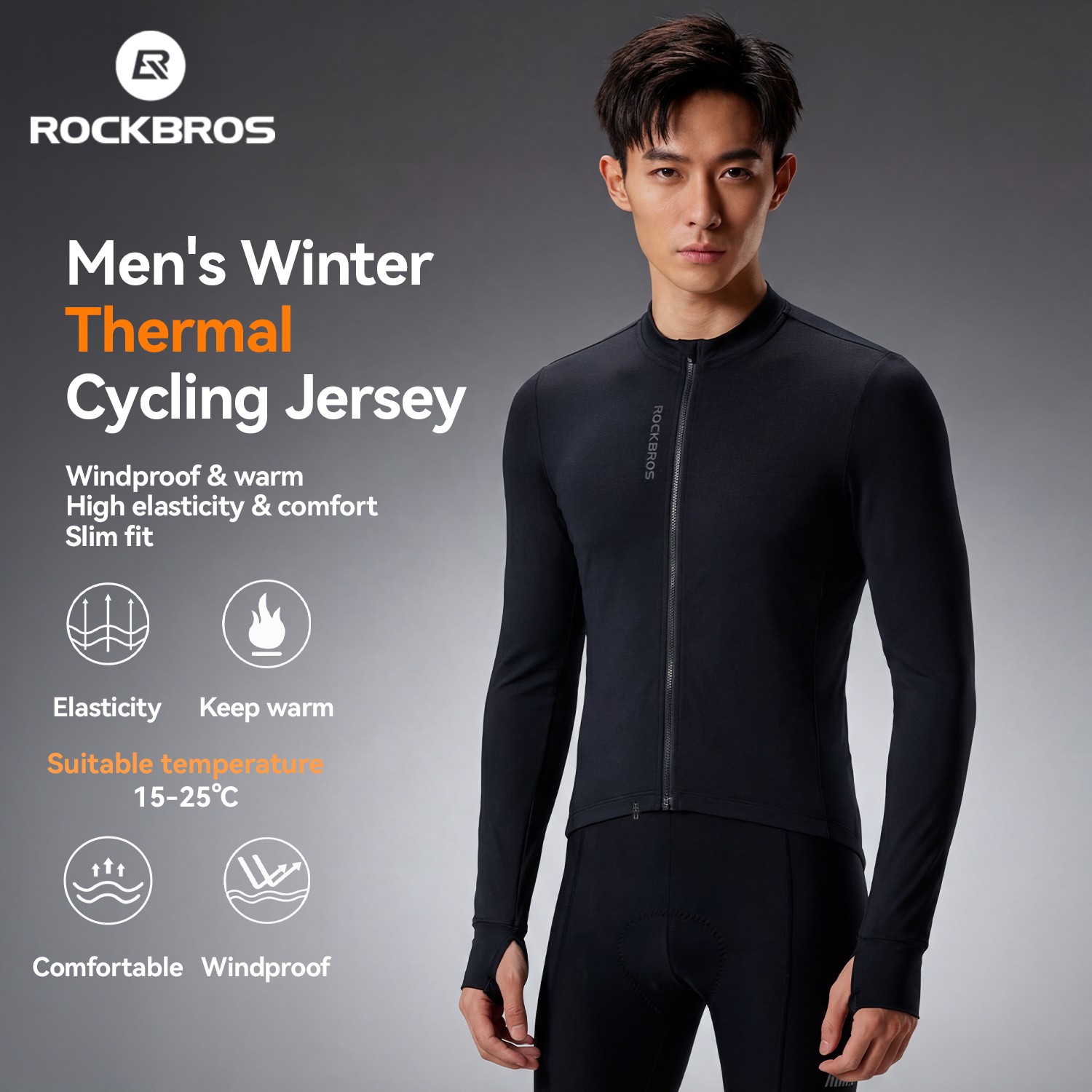 ROCKBROS Men’s Thermal Cycling Jersey LongSleeve Winter Windproof Fleece Jersey
