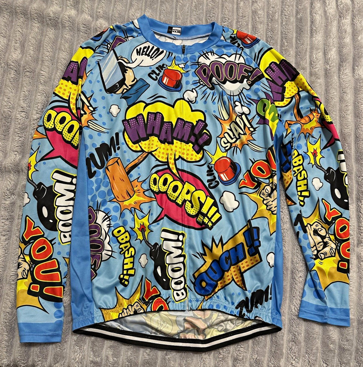 3XL Full Zip Long Sleeve Cycling Jersey Mock Neck Pockets Comic Print Blue