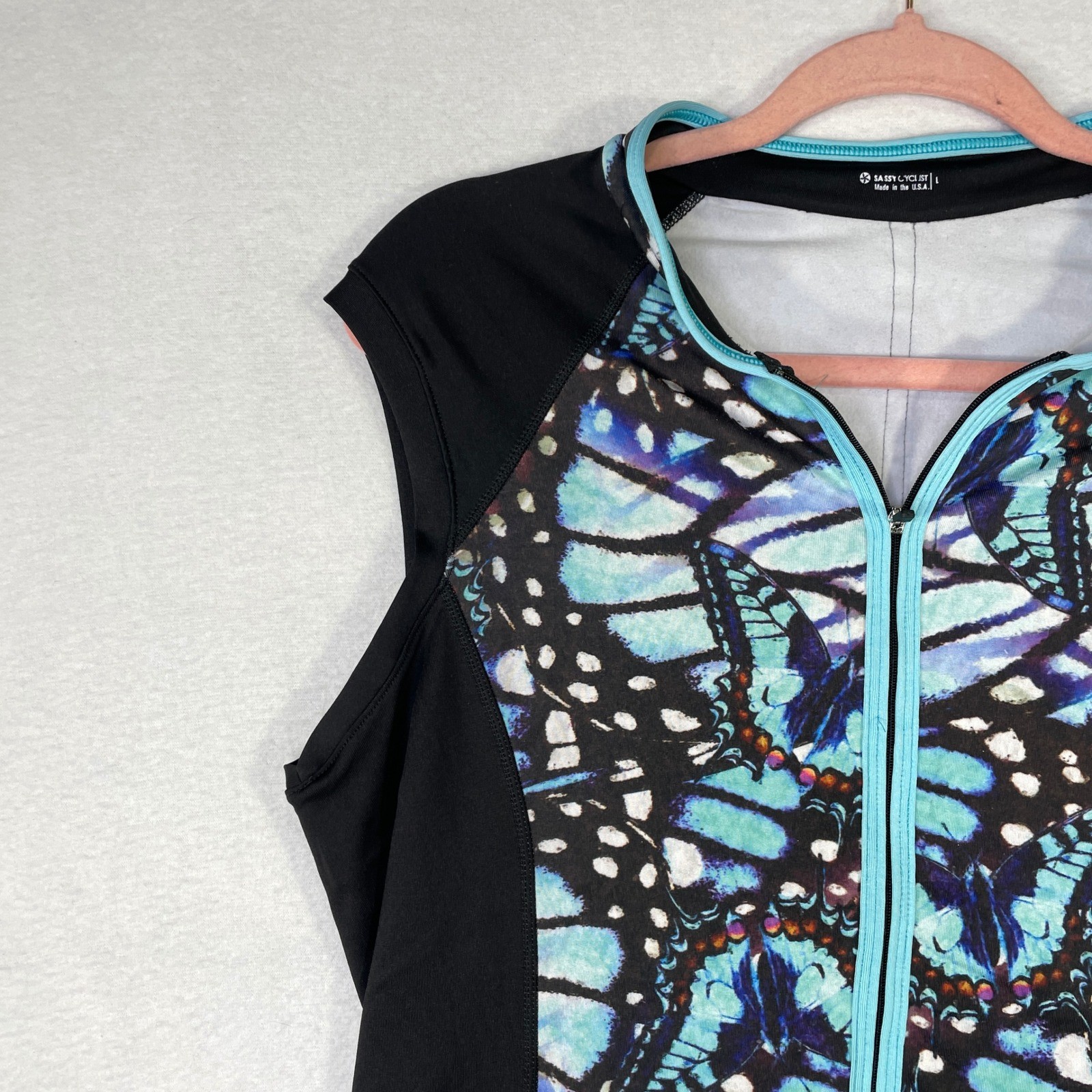 Sassy Cyclist Womens Sleeveless Cycling Jersey Blue Butterfly Print Full Zip L
