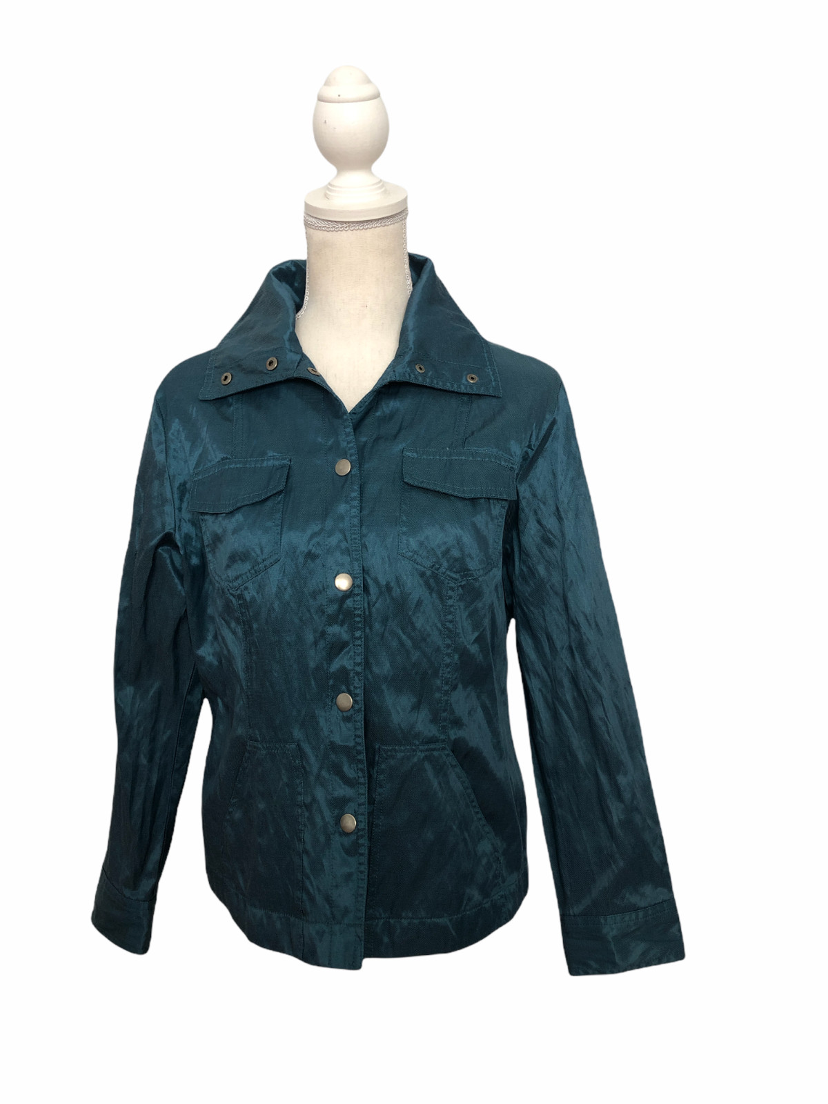 Ruby Rd. Women Blouse High Neck 10 Long Sleeve Green Snap Open Front 4 Pockets