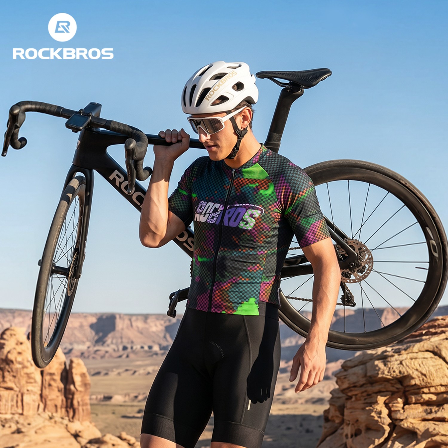 ROCKBROS Men’s Short Sleeve Cycling Jersey Pixel Print Breathable Quick Dry