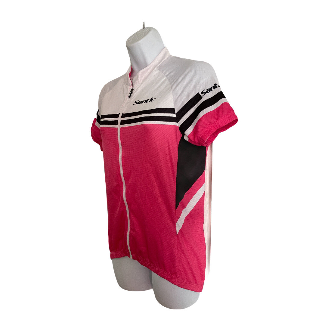 Santic Cycling Jersey Womens Sz Large Zip UP Short Sleeves Pink White Black