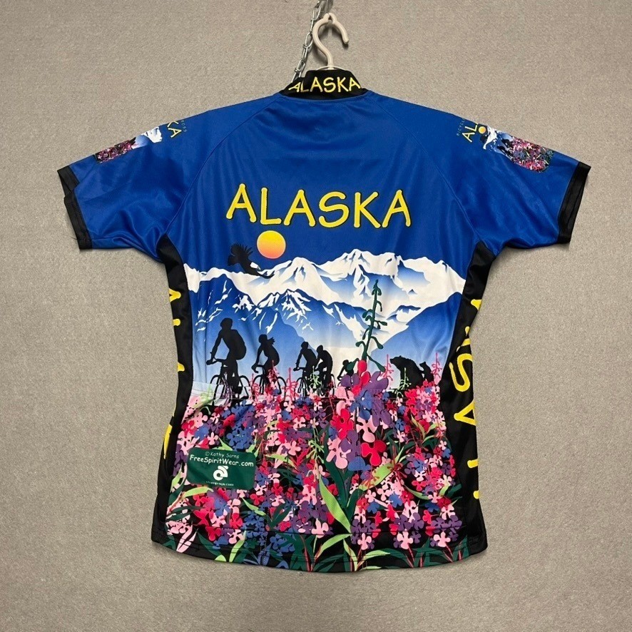 Alaska Cycling Jersey Womens Large Blue 1/2 Zip Colorful Panorama Short Sleeve