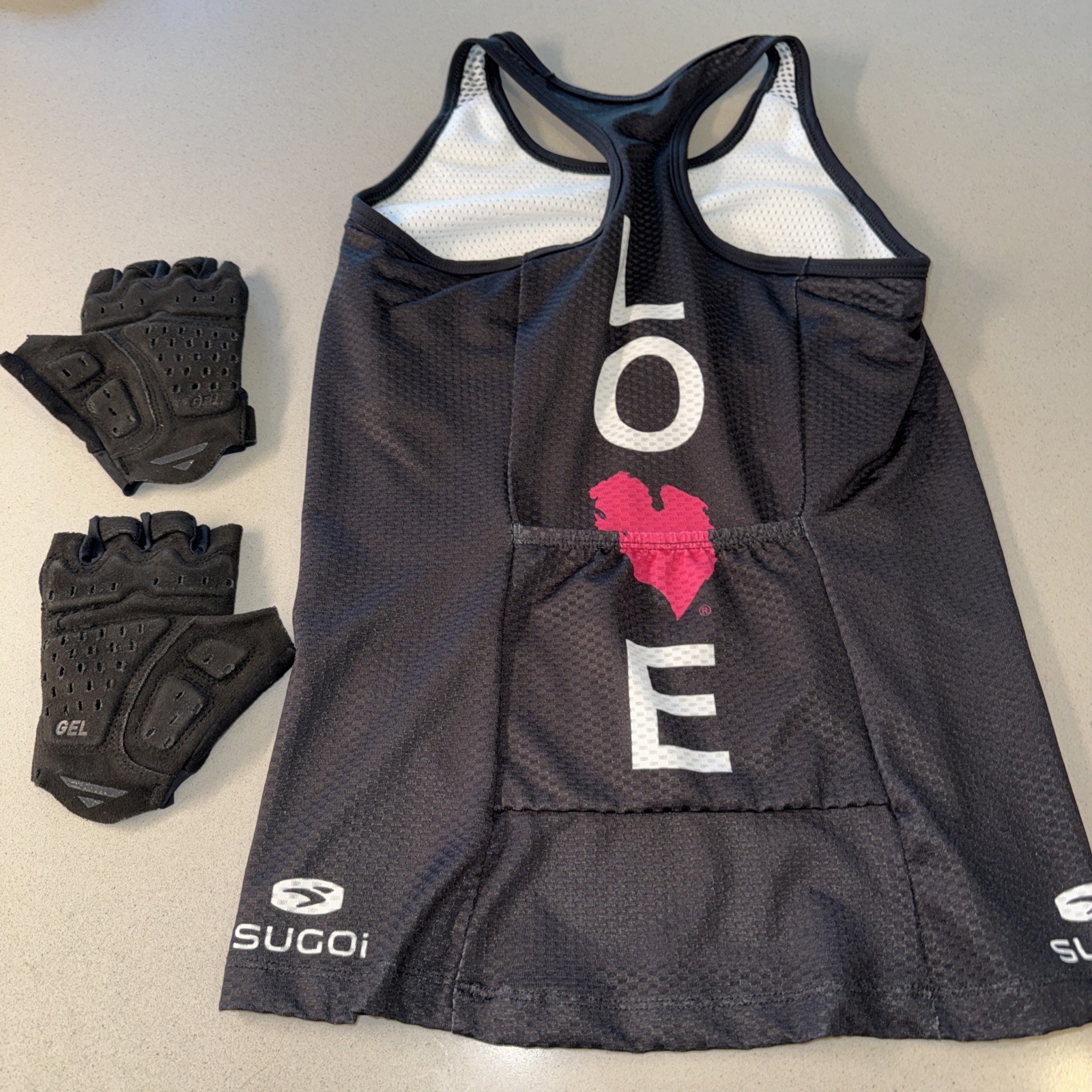 SUGOI Women “Love MI” Cycling Bike Jersey Tank Black XS Back Pocket +FREE Gloves