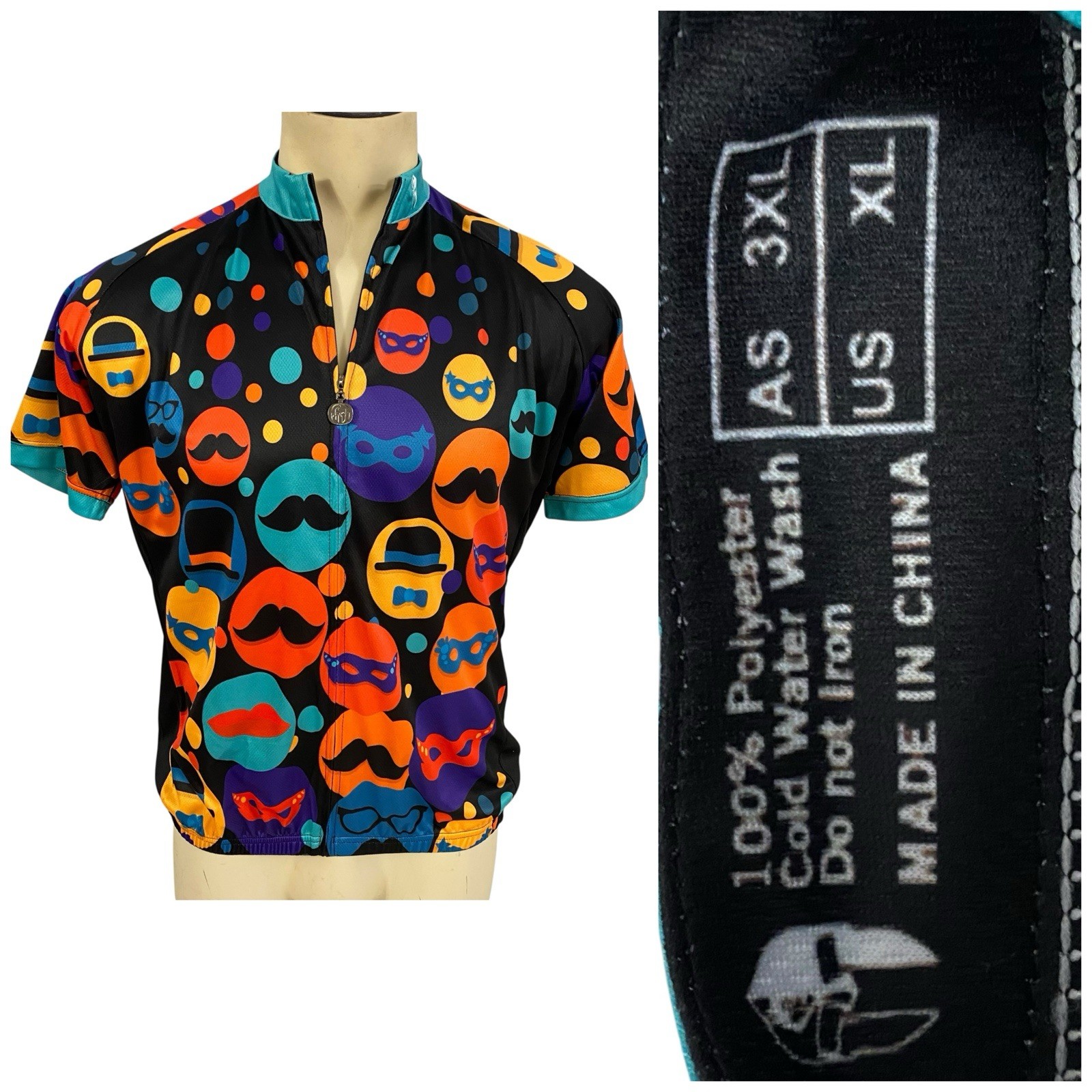Ilpaladino Cycling Jersey Womens XL Mustache Hat Full Zip Pockets Short Sleeve