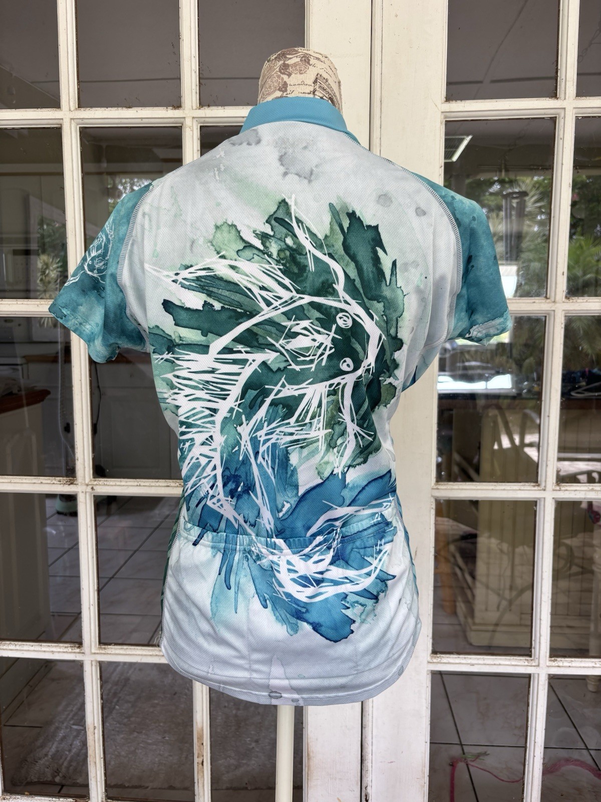 Primal Women’s Cycling Jersey, Sz M, Abstract Leaf Print, Aqua, Green, Pockets