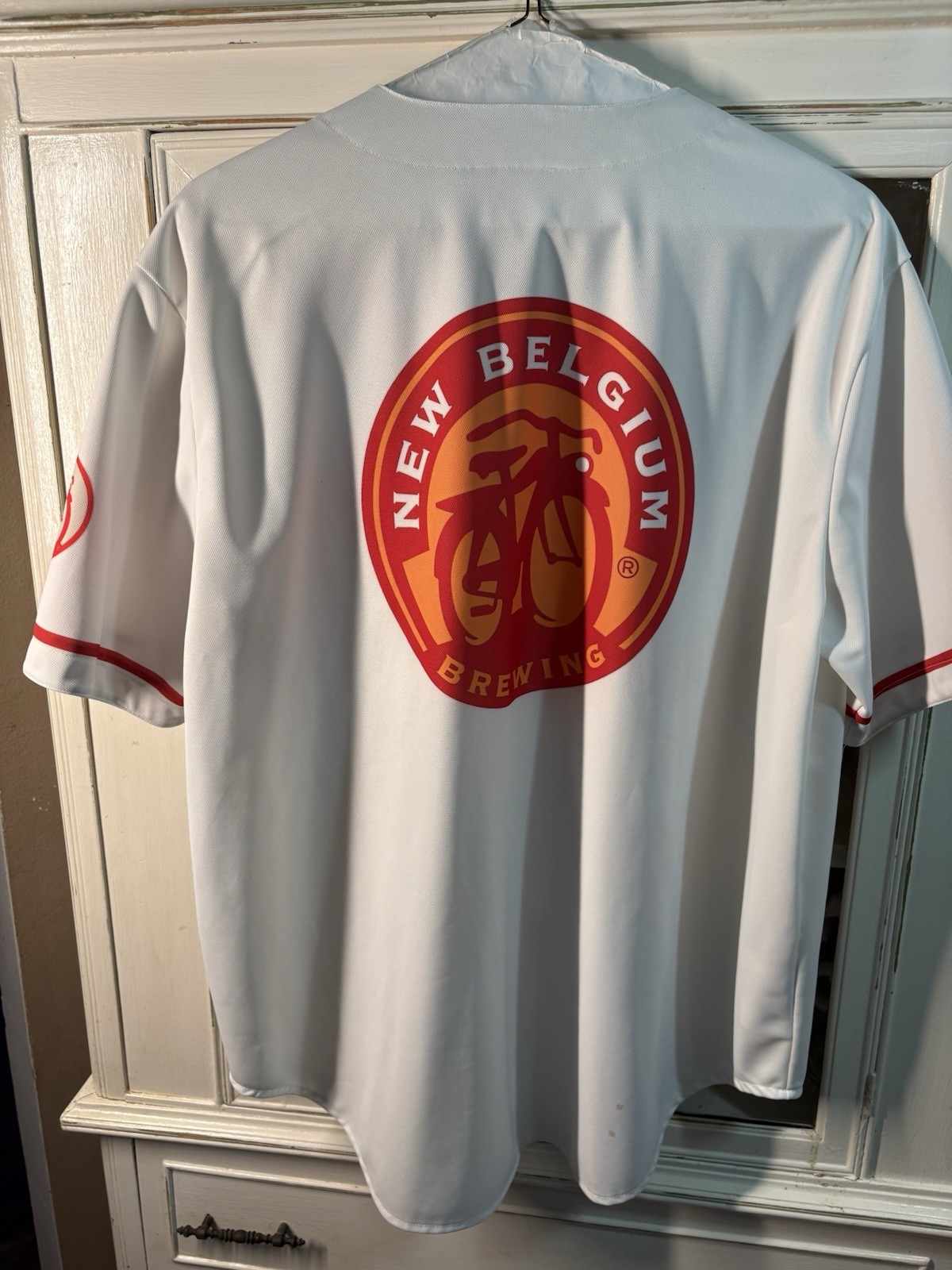 New Belgium Brewing Men’s M Cycling Jersey White/Red Button Front Mesh Logo